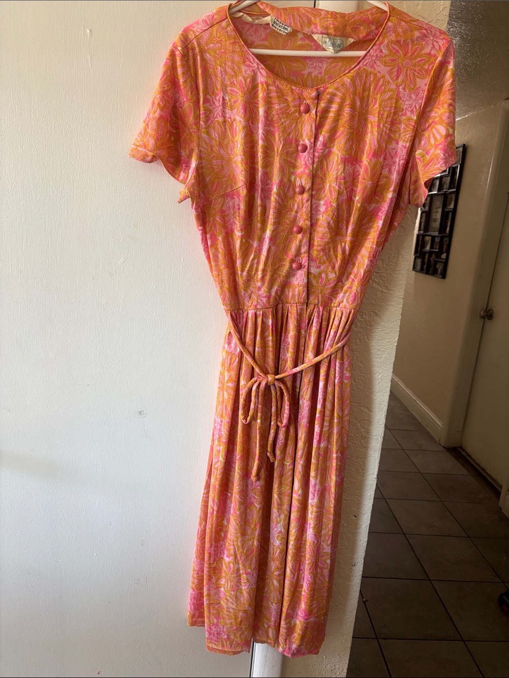 Pink & Orange Floral Button-Front Midi Dress with Tie Waist